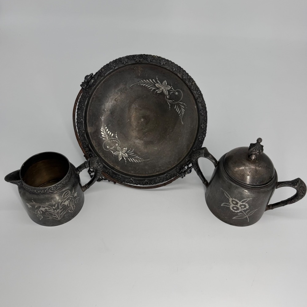 Vintage Silverplate Pedestal Serving Platter Creamer Sugar Bowl Set